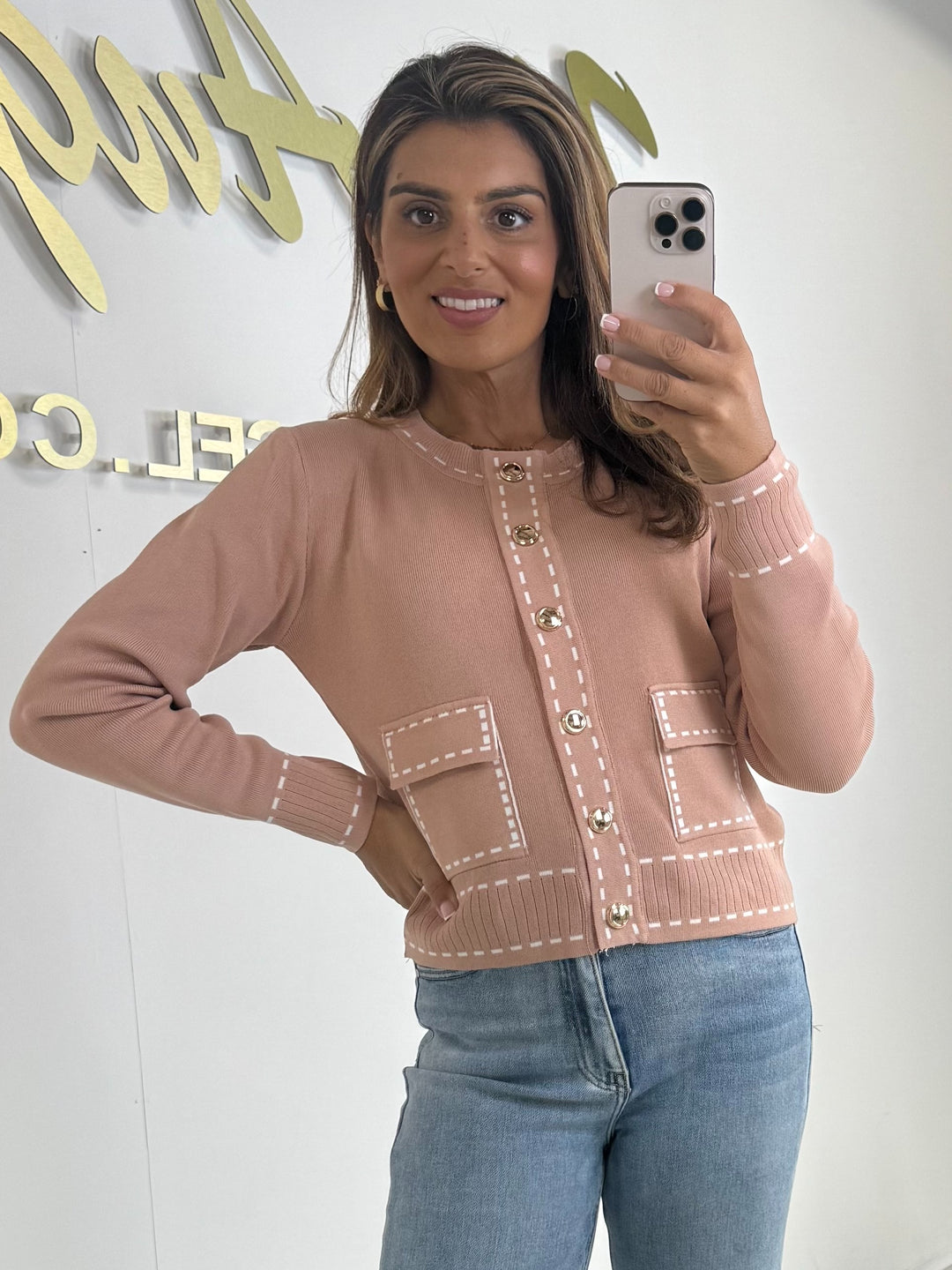 Peach Gold Button White Stitch Look Cardigan