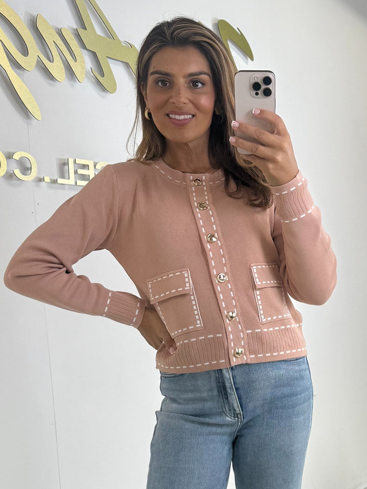 Peach Gold Button White Stitch Look Cardigan