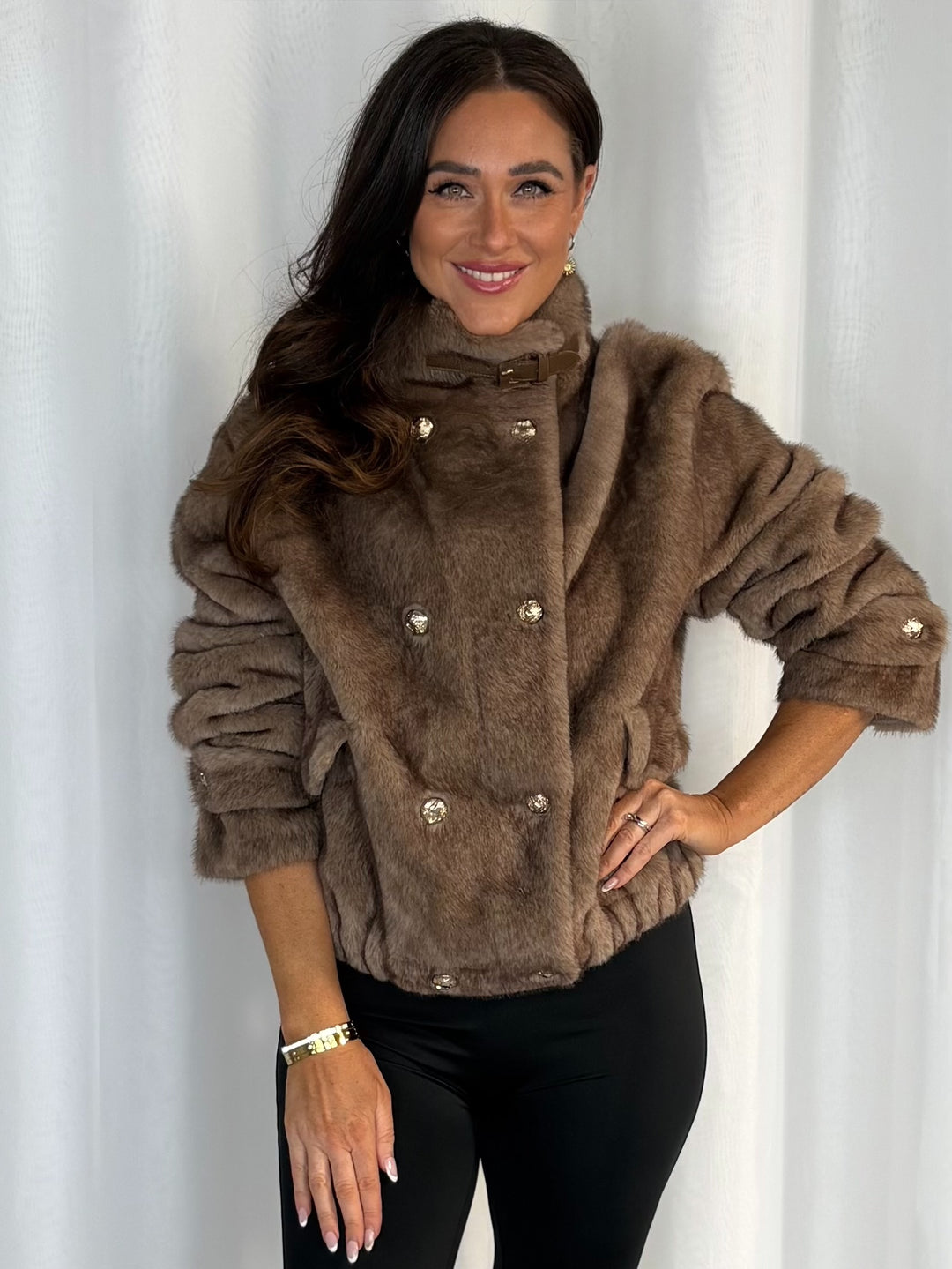 Faux Fur Funnel Neck Belt Collar With Gold Button Detail Jacket (2 Colours)