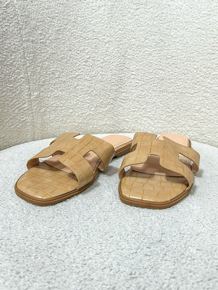 Beige Block Look Croc Pattern Sandal Style Sliders