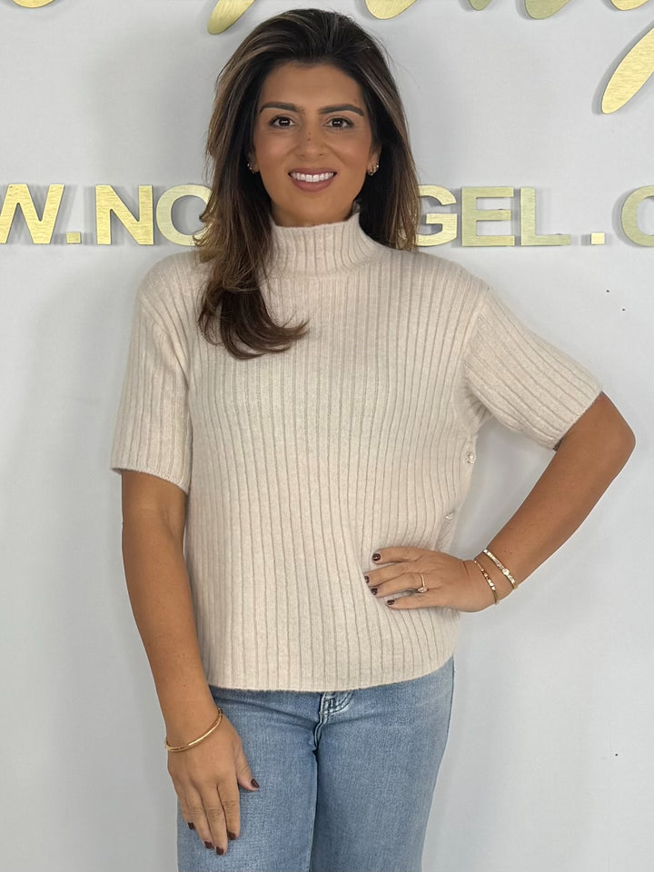 Alpaca Cream Turtle Ribbed Short Sleeve Button Jumper