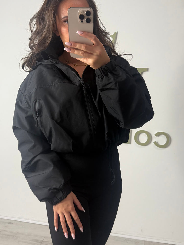 Cropped Drawstring Zip Up Pocket Hooded Jacket (3 Colours)