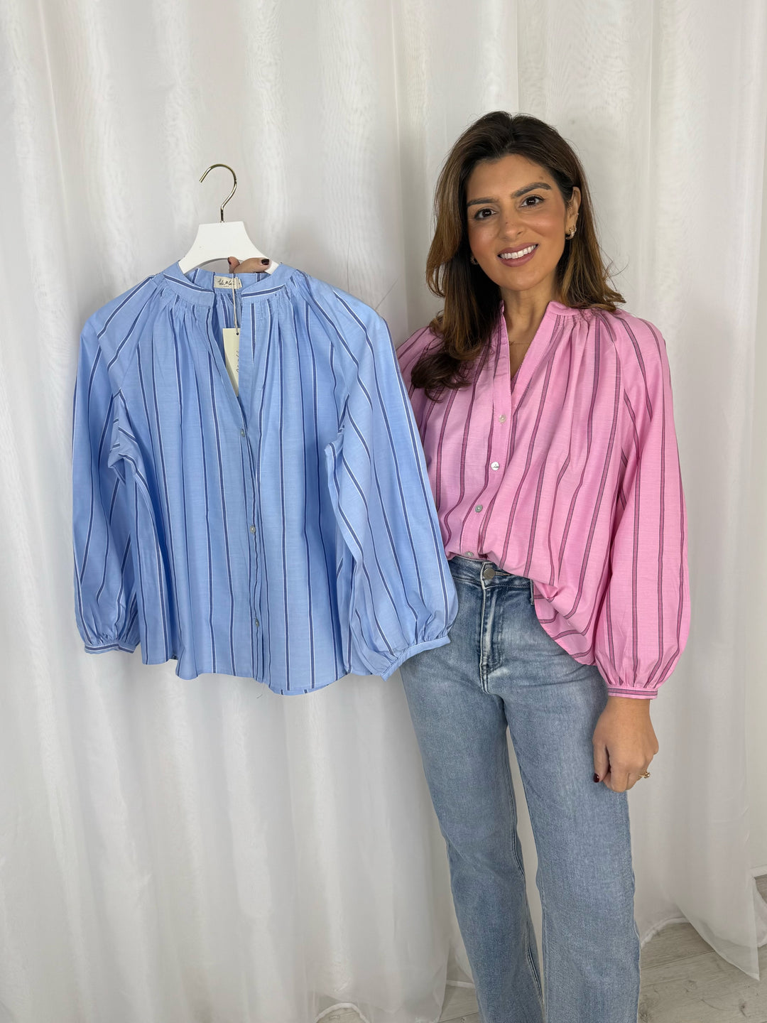 Grandad Collar Stripe Balloon Sleeve Shirt (2 Colours)