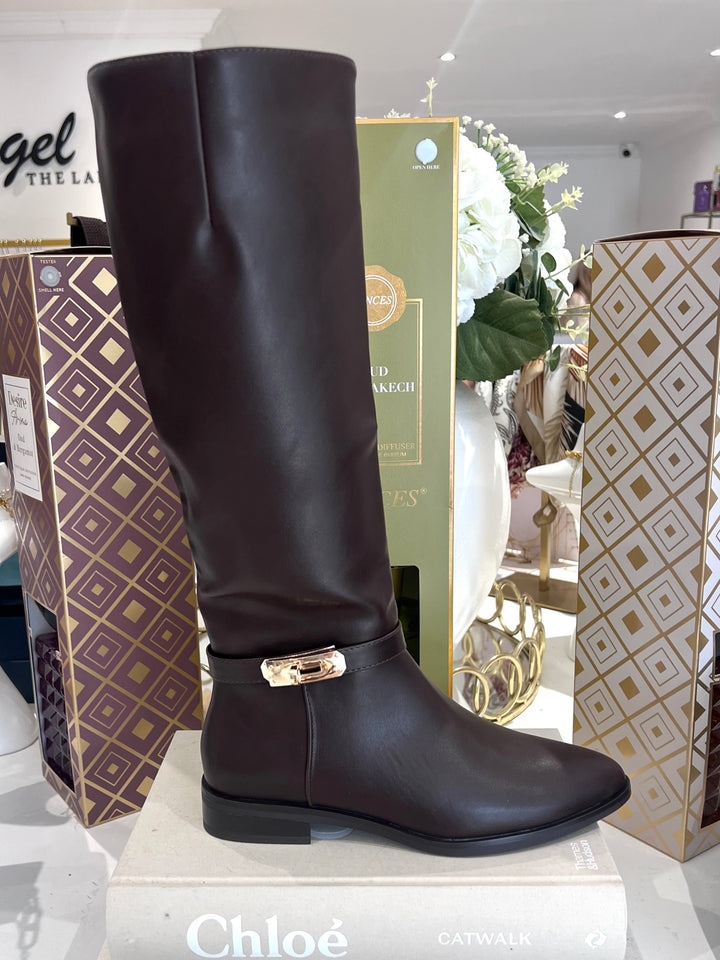 Gold Lock Buckle Pointed Toe Knee High Boots (2 Colours)