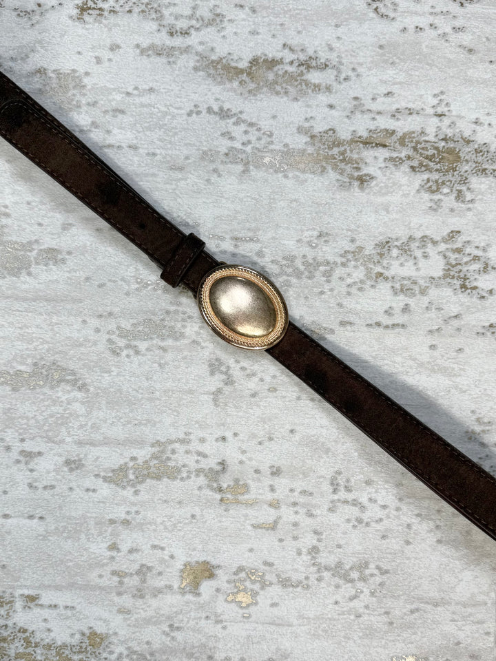 Large Gold Oval Buckle Suedette Belt