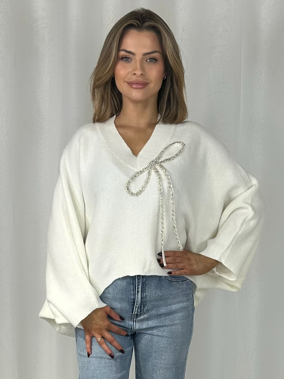 V-Neck Batwing Diamante Bow High Low Jumper (4 Colours)