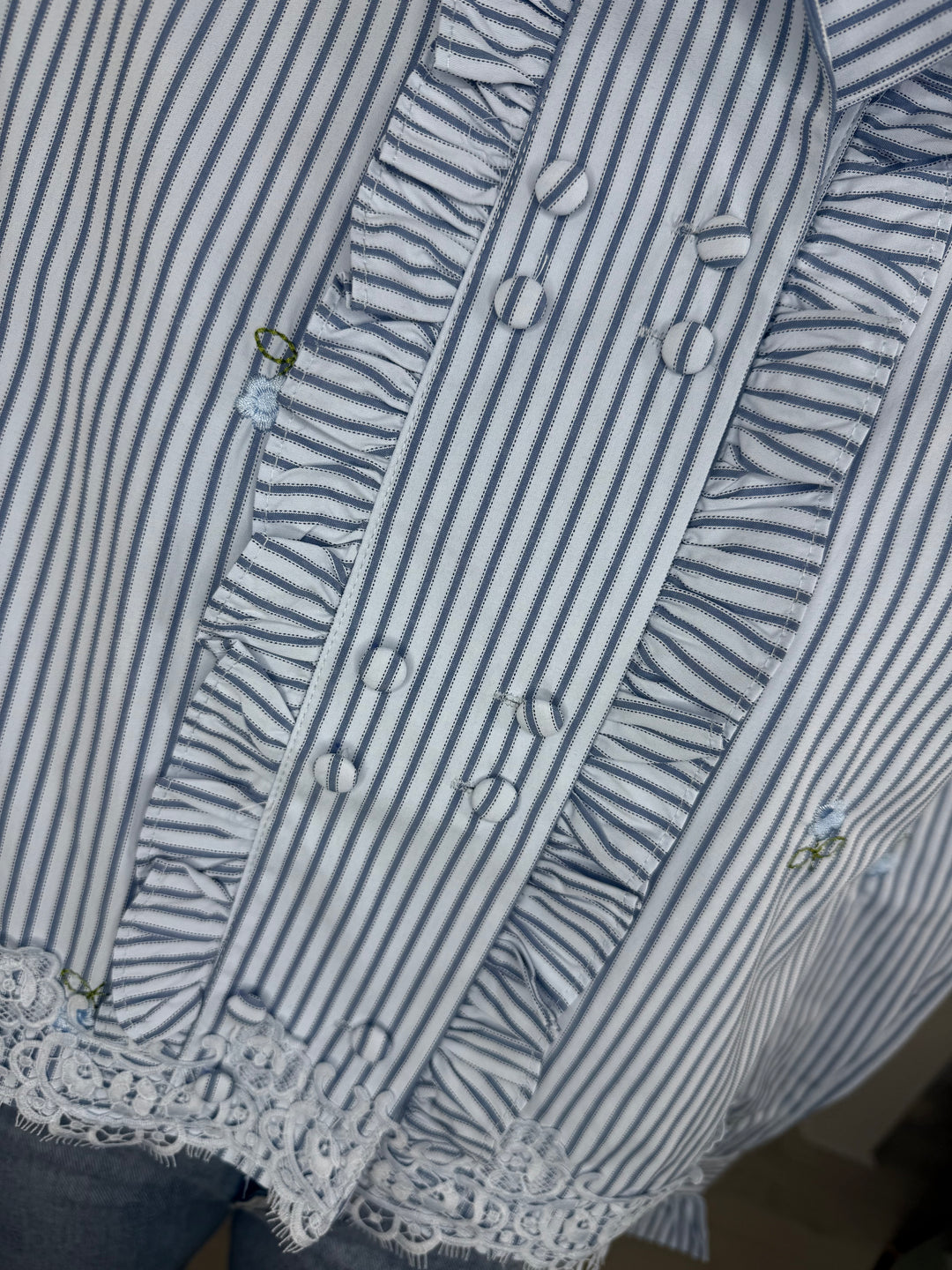 Blue & White Pinstripe Frill Trim Laser Cut Detail Collared Shirt