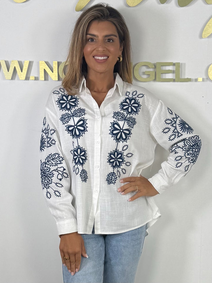 White Navy Flower Embroidered Linen Button Up Shirt
