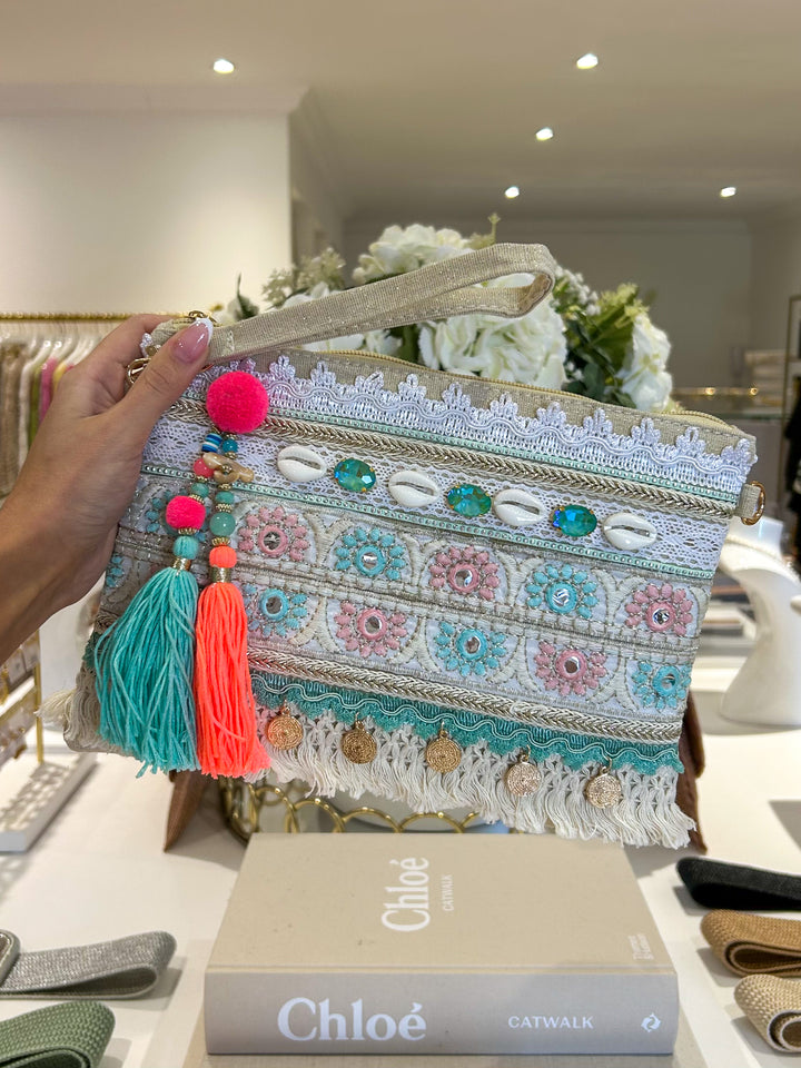 Neon Tassel Flower Embroidery Detail Clutch Bag