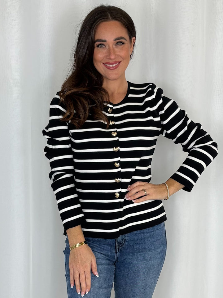 Striped Half Moon Shaped Gold Button Cardigan (3 Colours)