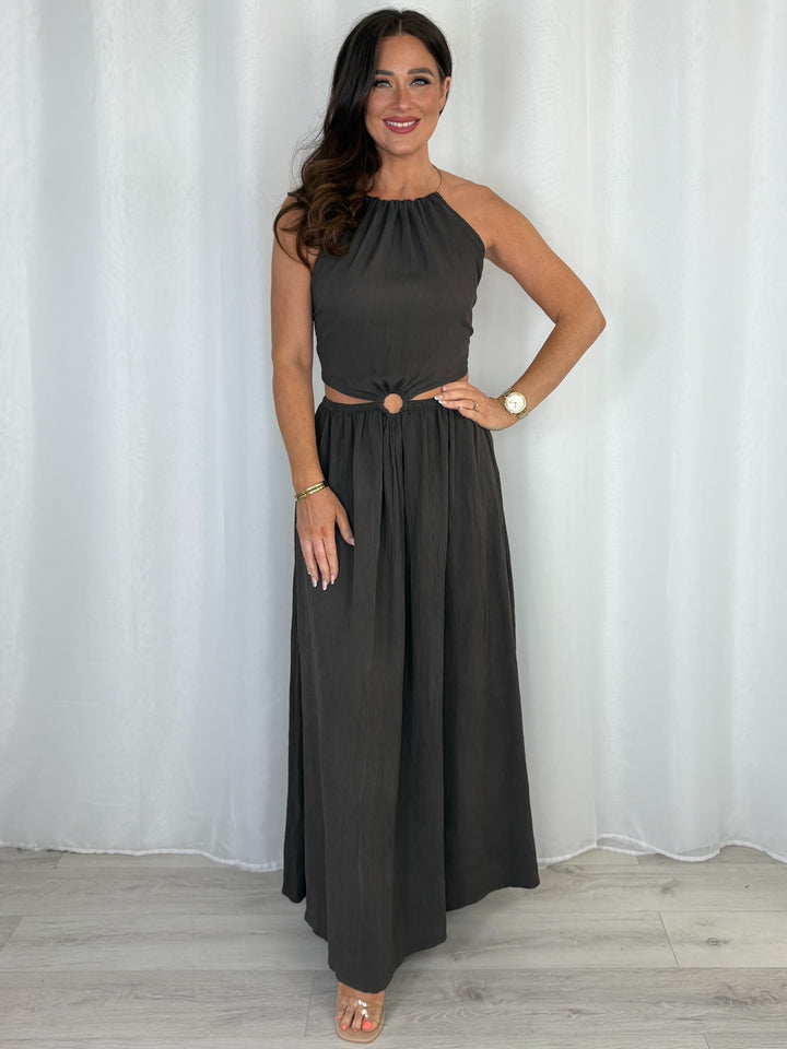 Gold Neck Hardware Halter Neck Cut Out Dress (3 Colours)
