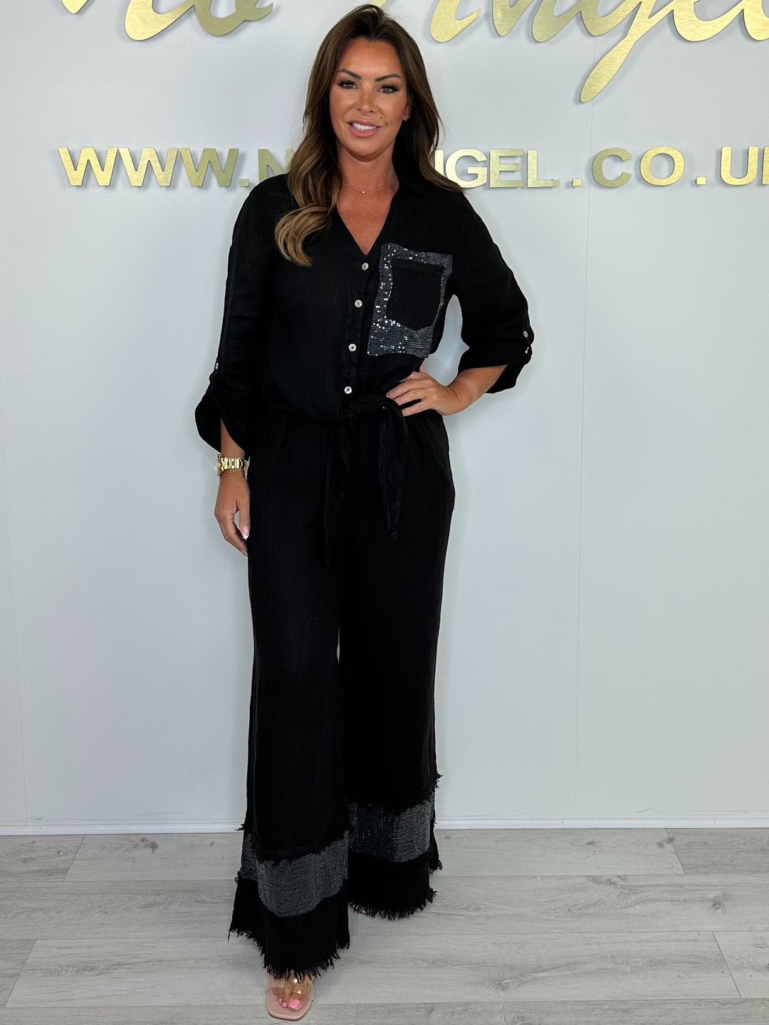 Linen Tie Up Sequin Leg Ruffle Detail Trouser Co-ord (5 Colours)