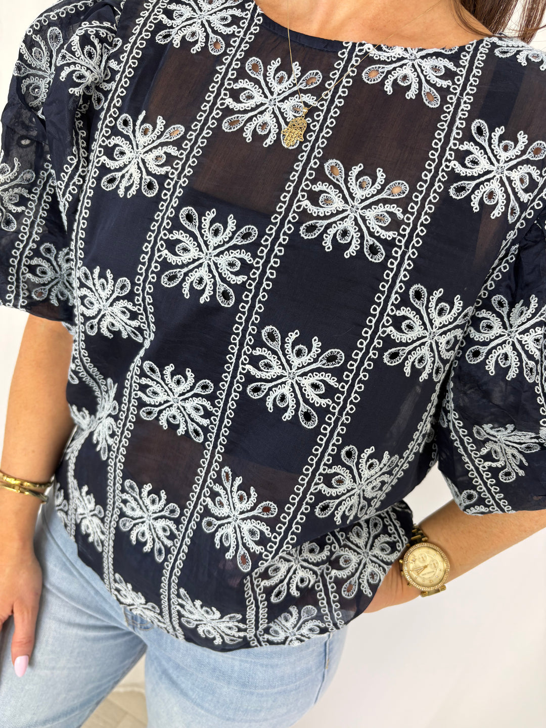 Navy/Blue Crochet Print Puff Ball Sleeve Top