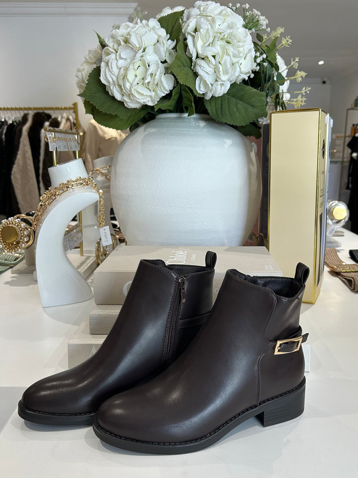 Full Faux Leather Gold Buckle Side Ankle Boots (2 Colours)