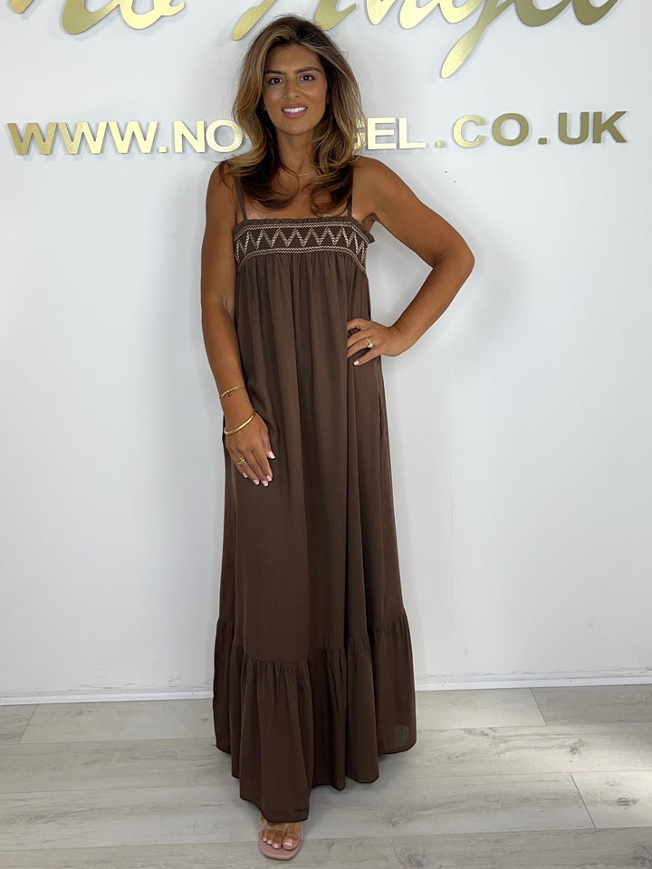 Brown Spaghetti Strap Embroidery Detail Tiered Maxi Dress