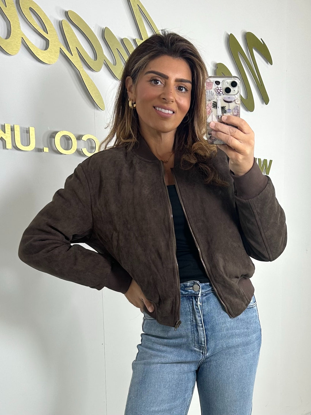 Chocolate Suedette Gold Hardware Bomber Jacket