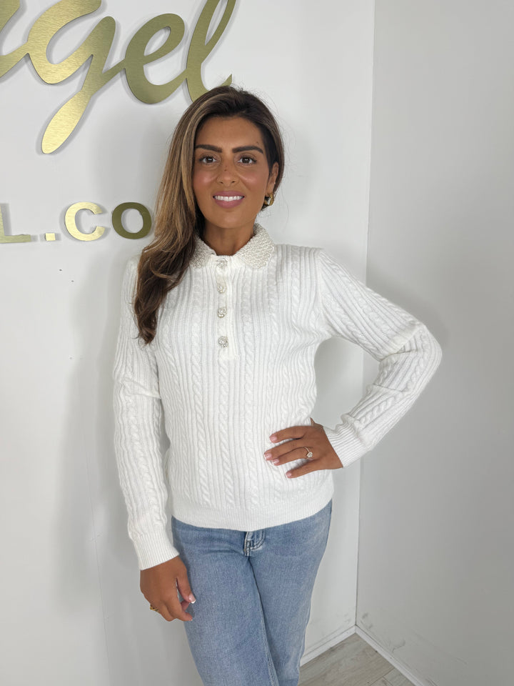 Winter White Cable Design Diamante Collared Jumper