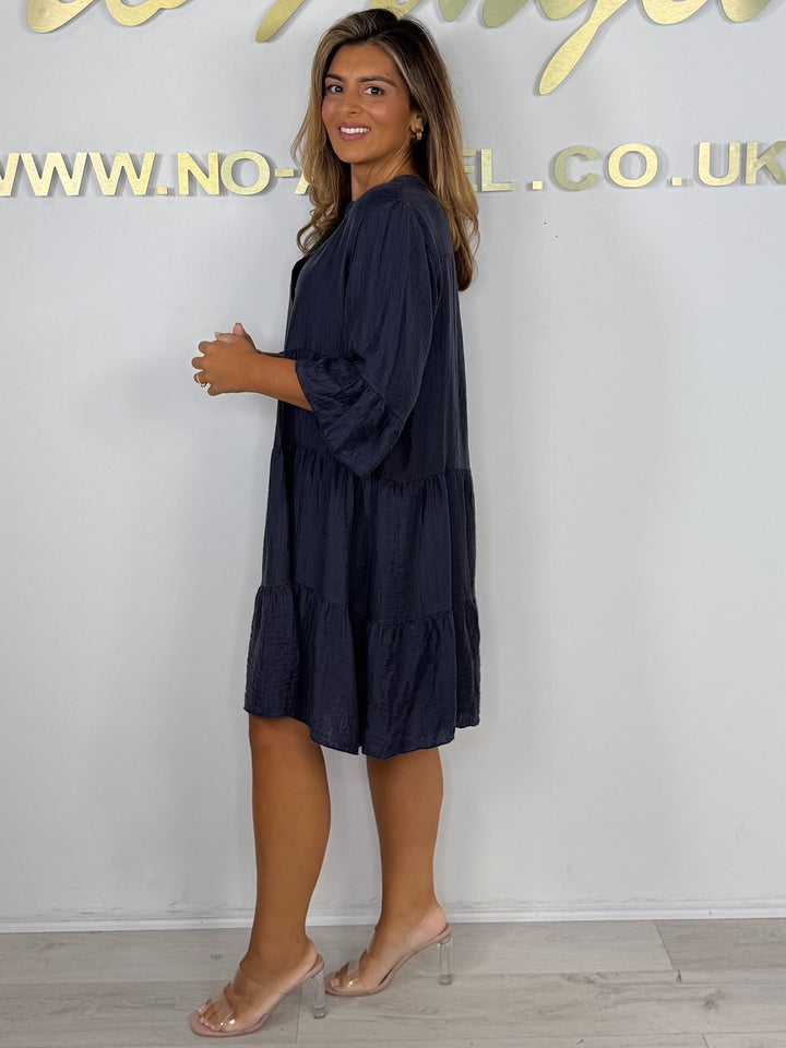 Button V-Neck Tiered Bell Sleeve Swing Dress (4 Colours)