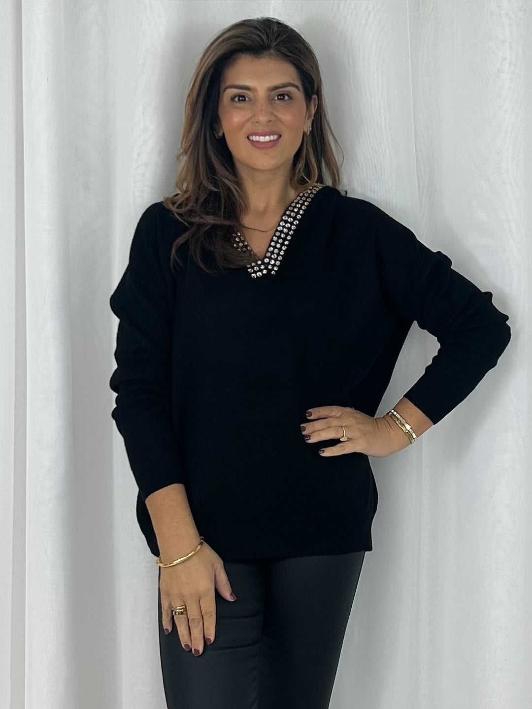 Soft Knit Hooded Diamante Jem Trim Jumper (4 Colours)