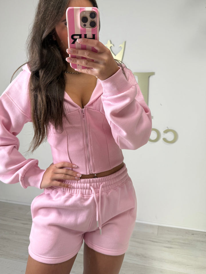Hooded Corset Top Zip Up Tracksuit Shorts Co-ord (4 Colours)