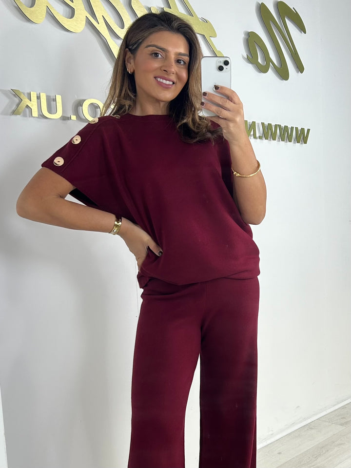 Soft Knit Flat Gold Button Shoulder Detail Co-Ord (3 Colours)