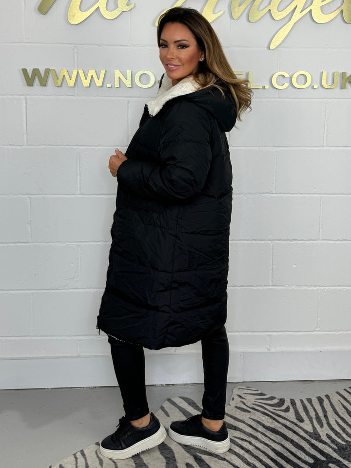 Black Reversible Teddy Puffer Coat