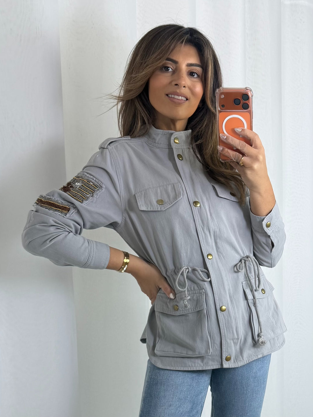 Grey Beaded Long Sleeve Jacket