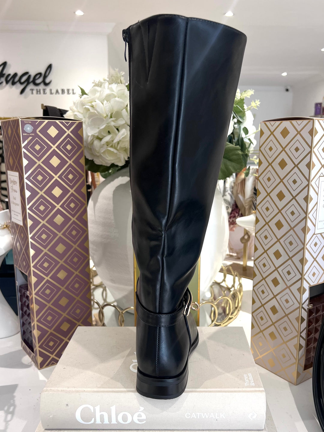 Gold Lock Buckle Pointed Toe Knee High Boots (2 Colours)