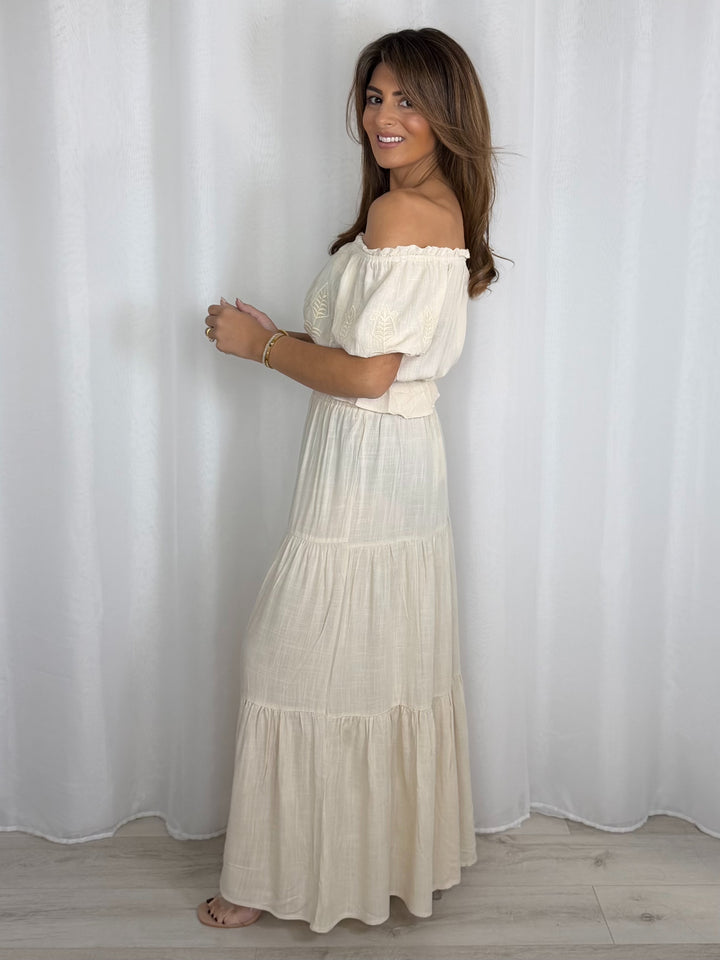 Embroidered Aztec Print Bardot Top & Maxi Skirt Co-Ord (2 Colours)