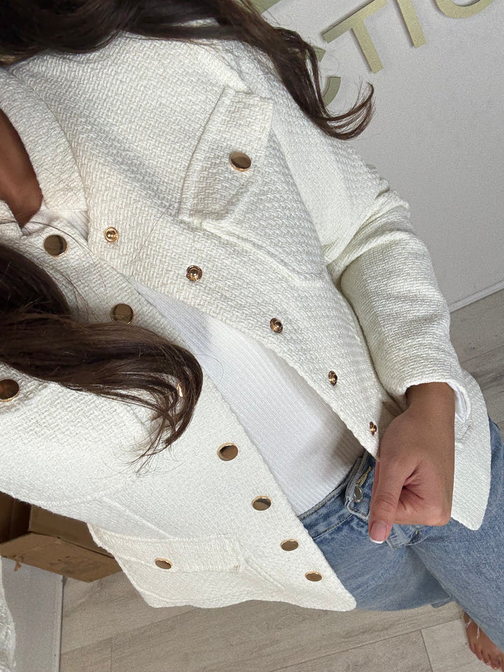 High Collared Tweed Gold Button Military Blazer (2 Colours)