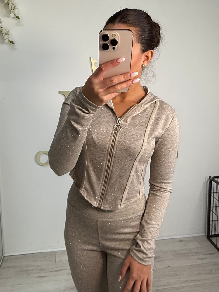 Biscuit Scattered Diamante Zip Up Hooded Corset Style Flared Trouser Co-ord