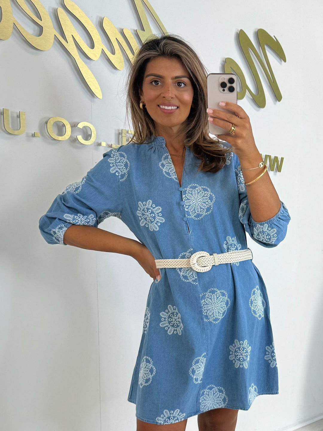 Denim Flower Embroidered Plaited Belt Puff Sleeve Mini Dress