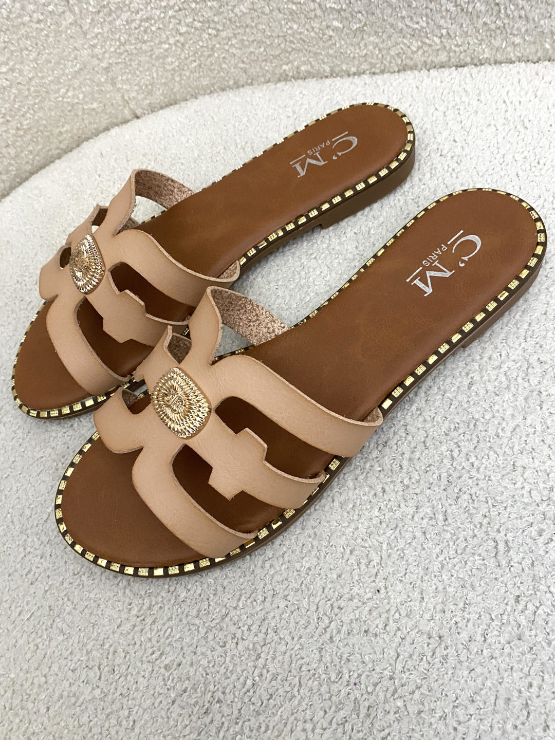 Nude & Gold Leather Look Slider Sandals