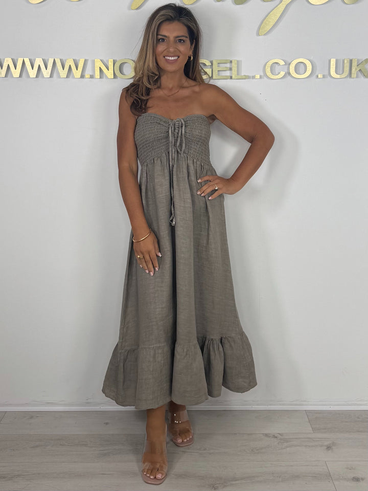 Linen Smocked Bardot Maxi Dress (7 Colours)