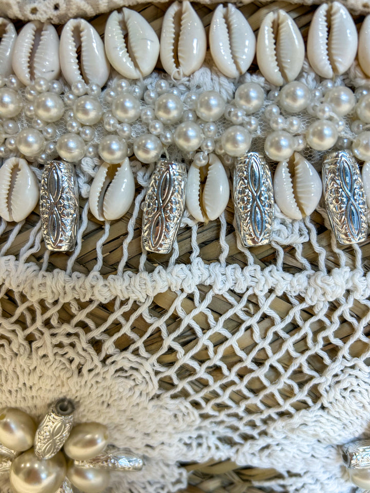 Pearl & Shell White Woven Beach Bag