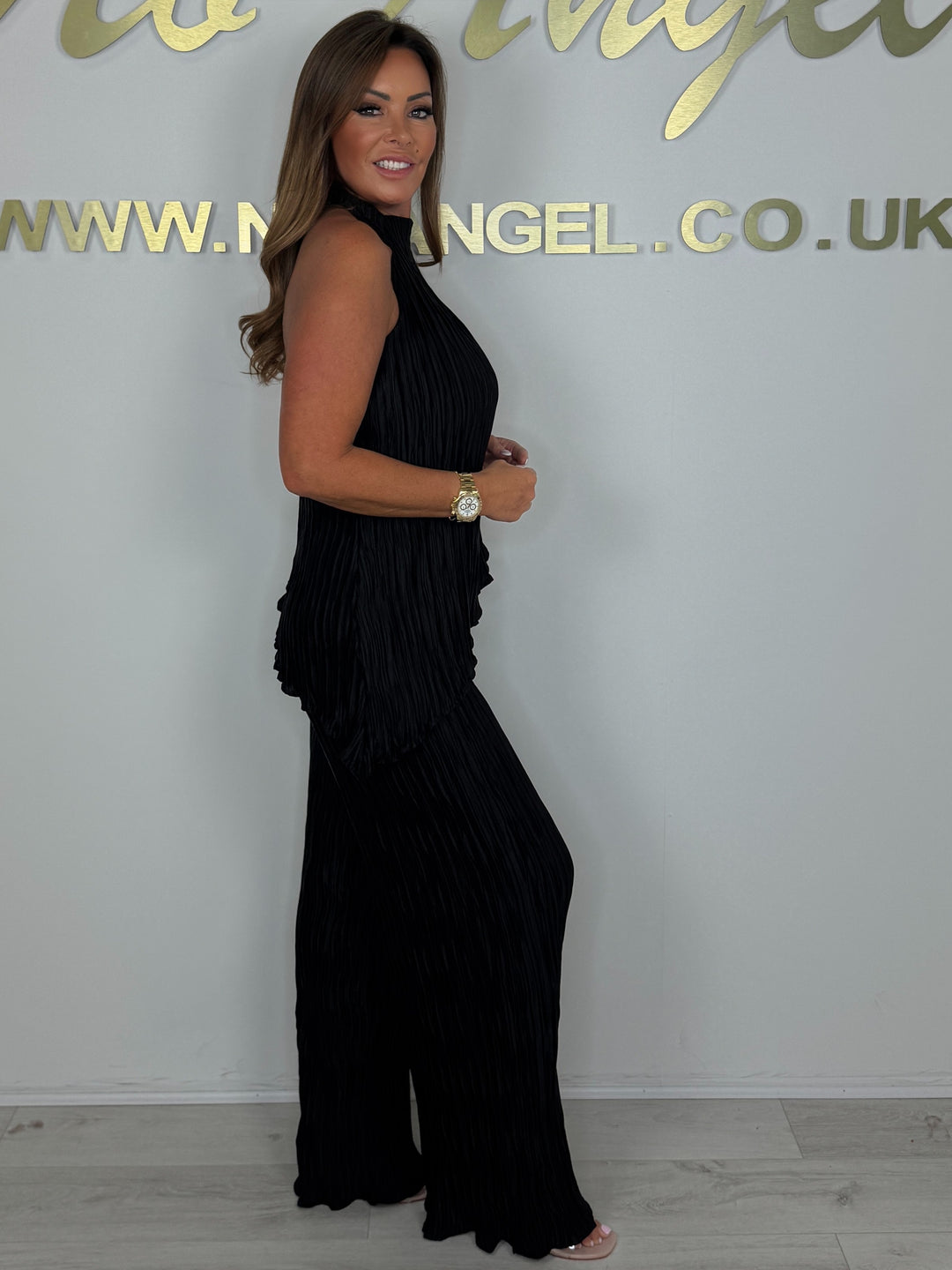 Crinkle Halter Neck Backless Asymmetric Trouser Co-ord (2 Colours)