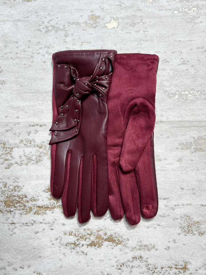 Faux Leather Gloves Studded With Bow (6 Colours)