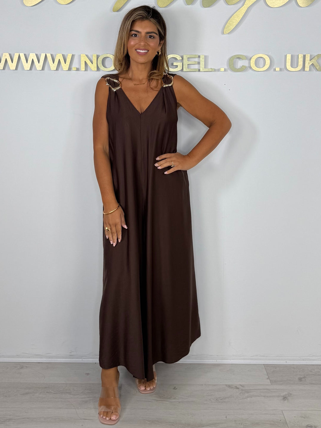 V-Neck Gold Hardware Thick Strap Floaty Jumpsuit (2 Colours)