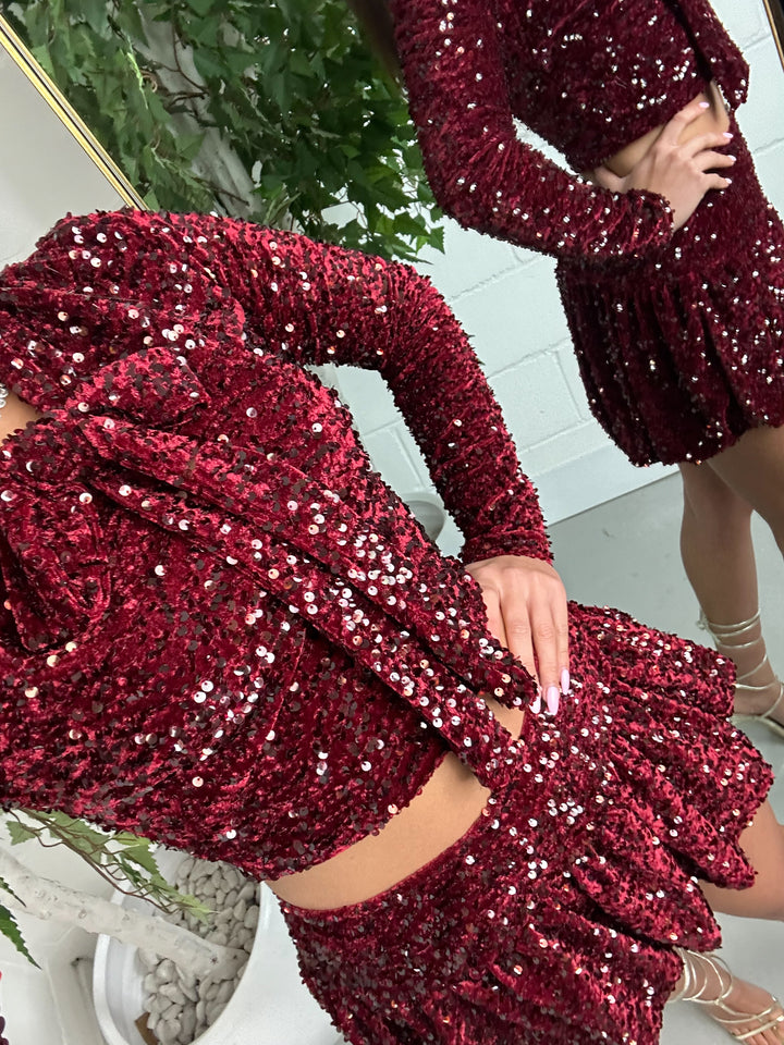 Velvet Sequin Puff Ball Skirt & Bow Up Top (3 Colours)