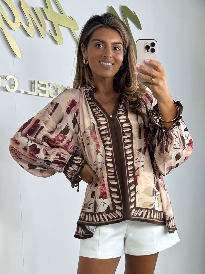 V-Neck Printed Blush Pink/Brown Balloon Sleeve Grandad Collar Blouse