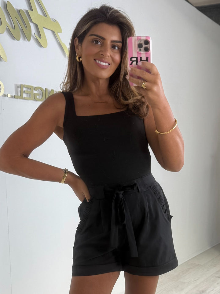 Black Frill Pocket Belted Tailored Shorts