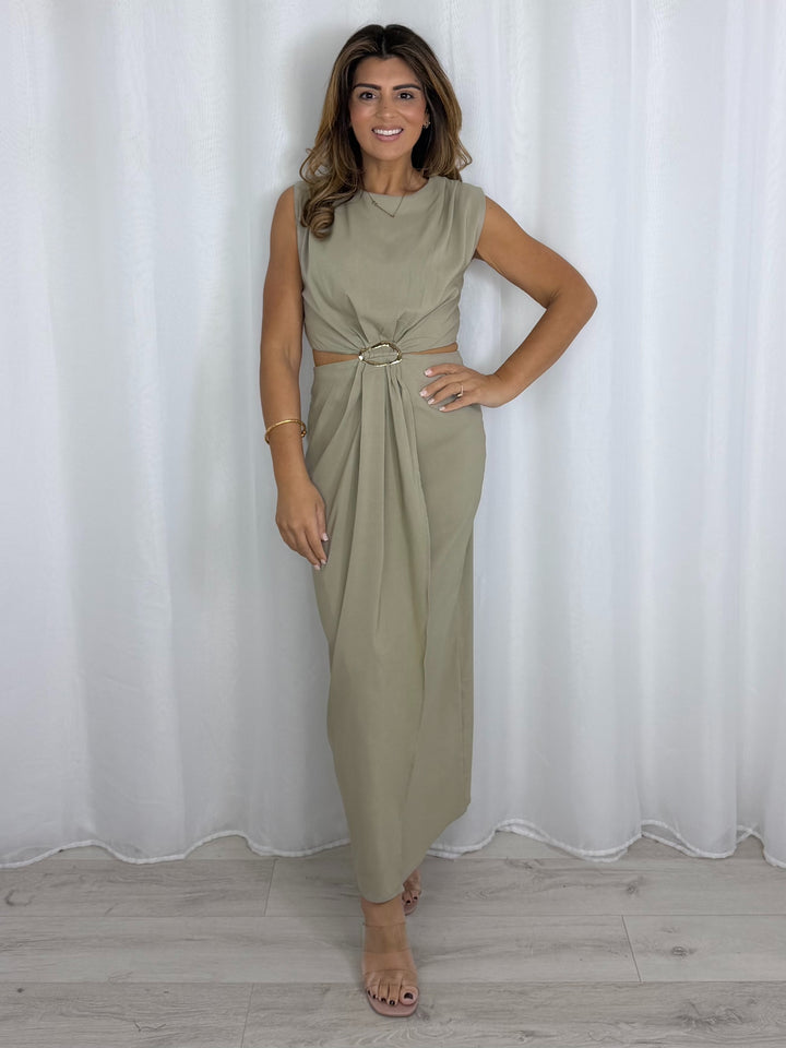 Khaki Cut Out Waist Gold Buckle Dress