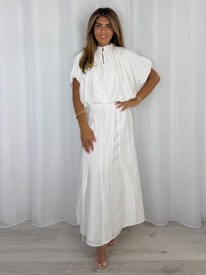 White Puff Ball Frill Detail Top And Skirt Co-Ord