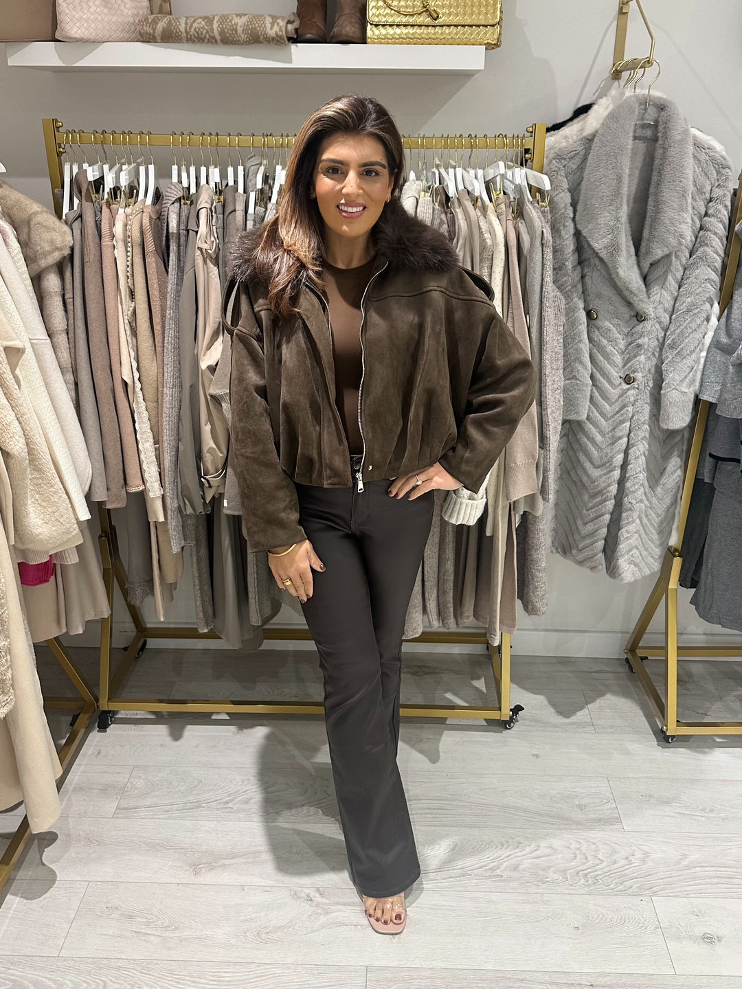 Brown Faux Suede Fur Collar Bomber Jacket