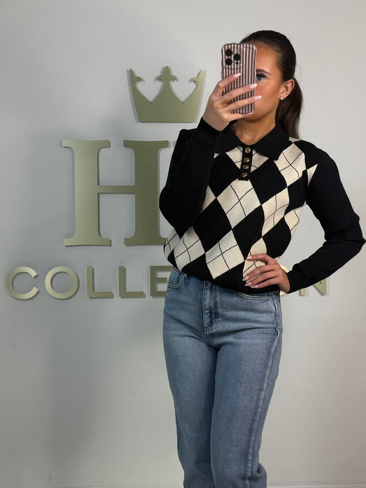 Black / Cream Diamond Collared Soft Knit Jumper