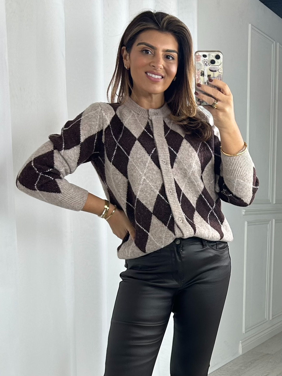 Brown Diamond Design Button Cardigan