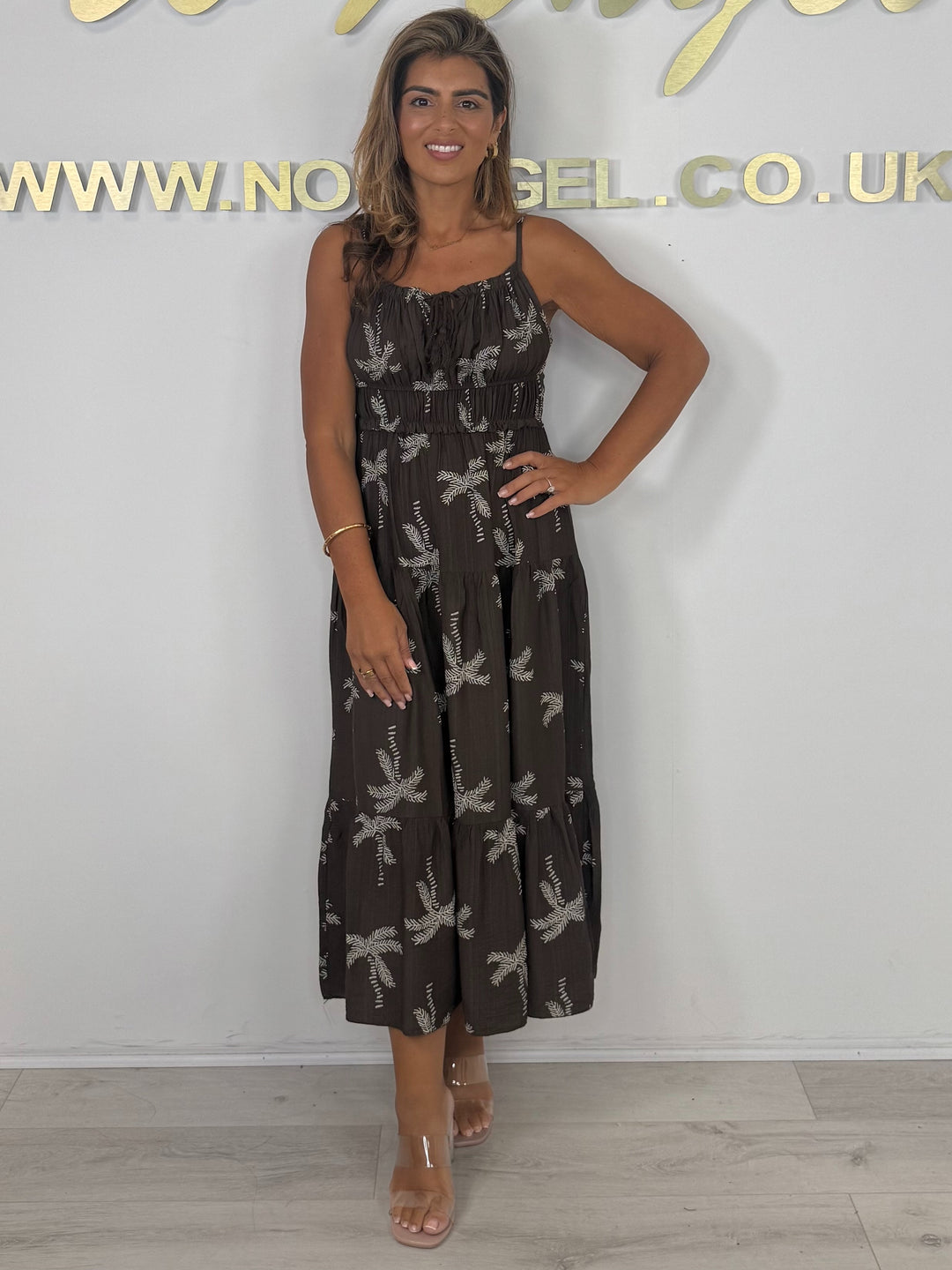 Spaghetti Strap Palm Tree Print Tiered Smocked Tassel Detail Midi Dress (2 Colours)