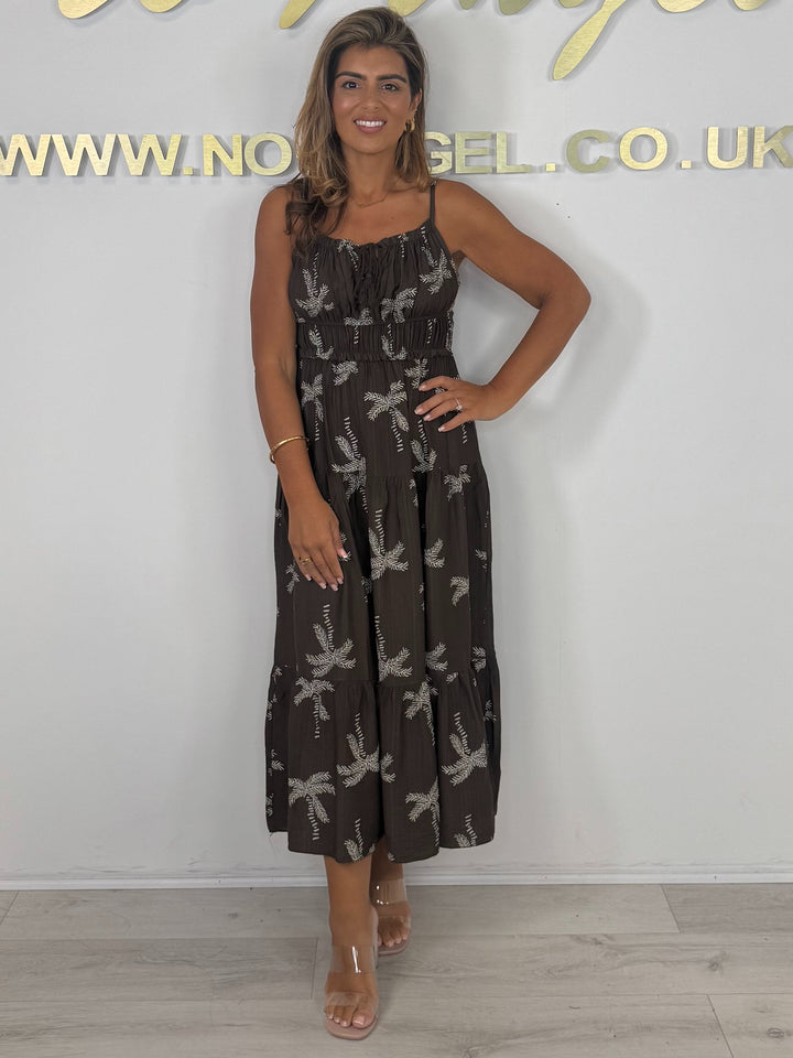 Spaghetti Strap Palm Tree Print Tiered Smocked Tassel Detail Midi Dress (2 Colours)