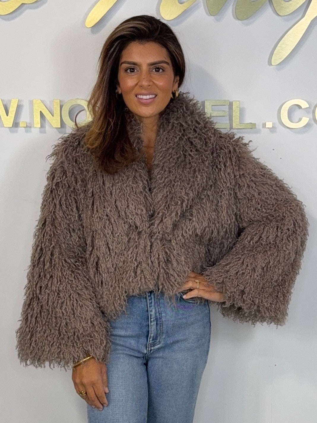 Faux Shaggy Fur Cropped Collared Coat