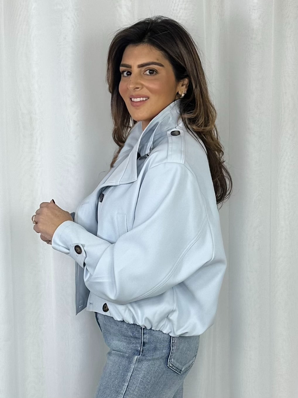 Pale Blue Elasticated Waist Button Jacket